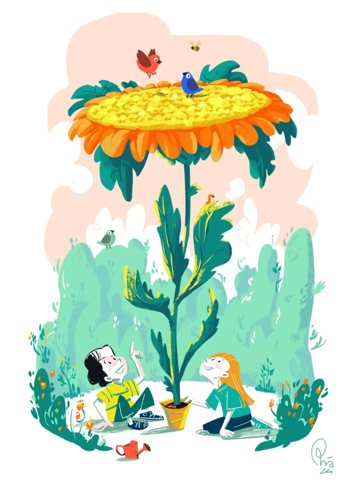 Illustration of two kids growing a giant flower, Puntozero x ARPA FVG environment conference