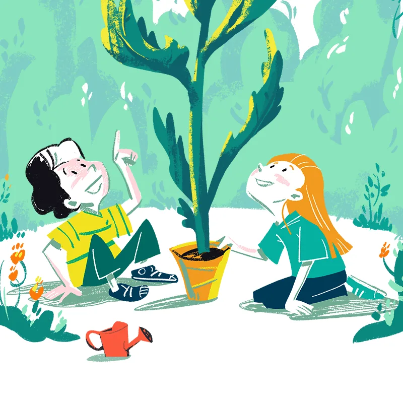 Illustration detail of kids watering a plant, Puntozero x ARPA FVG environment conference