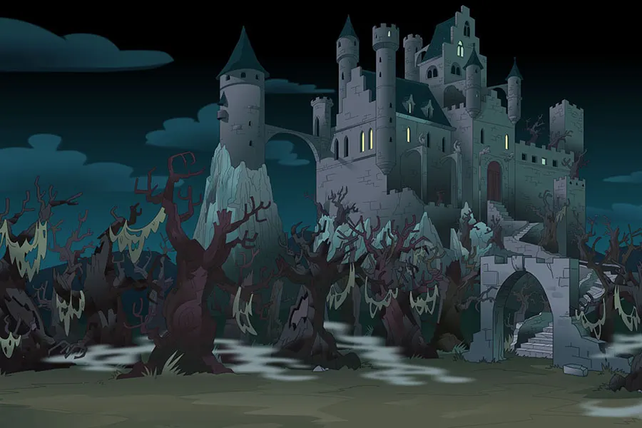 spooky castle with towers and portal surrounded by ded trees forest at night animation art