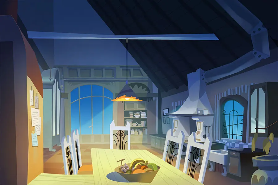 kitchen scene by night with fruit chimney and a table lamp animation background art