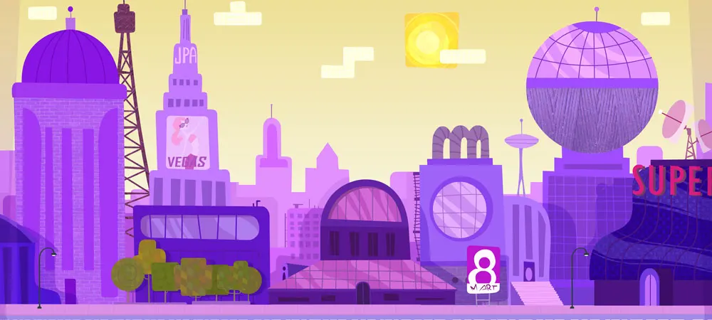 vectorial style purple cityscape with modern buildings in animation series background