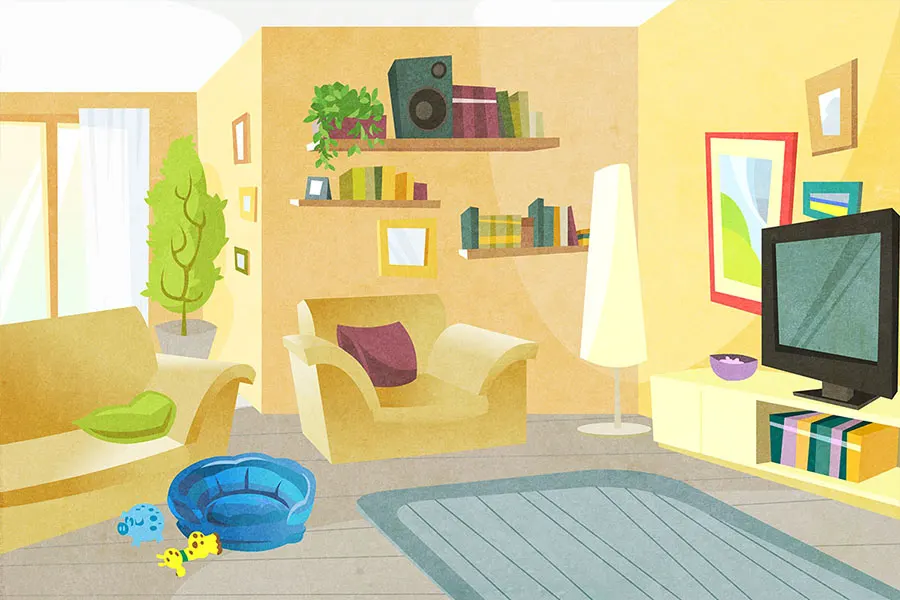 living room with plants and furniture carpet TV and books cartoon style