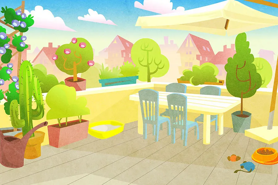 sunny terrace scene with chairs tables plants and trees cartoon style