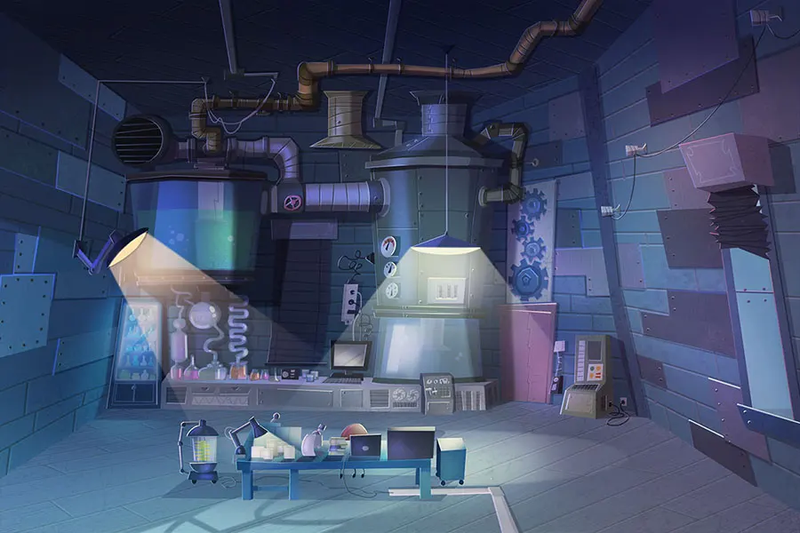 evil genius secret laboratory with pipes industrial stuff and tech animation background art