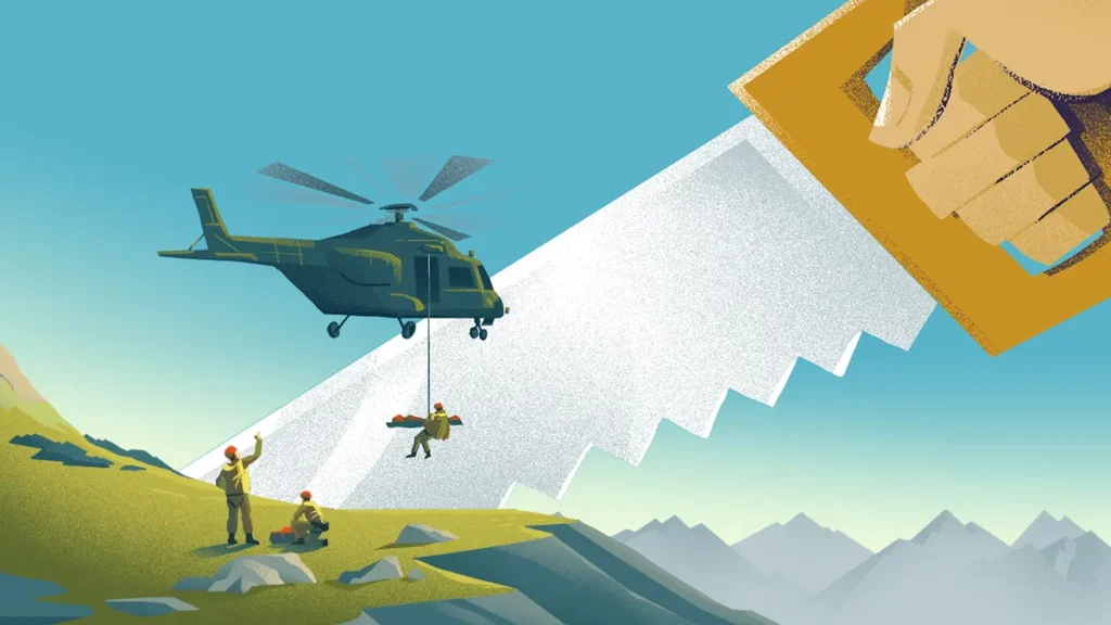 helicopter mountain rescue mission with hand saw illustration by fabio rodaro