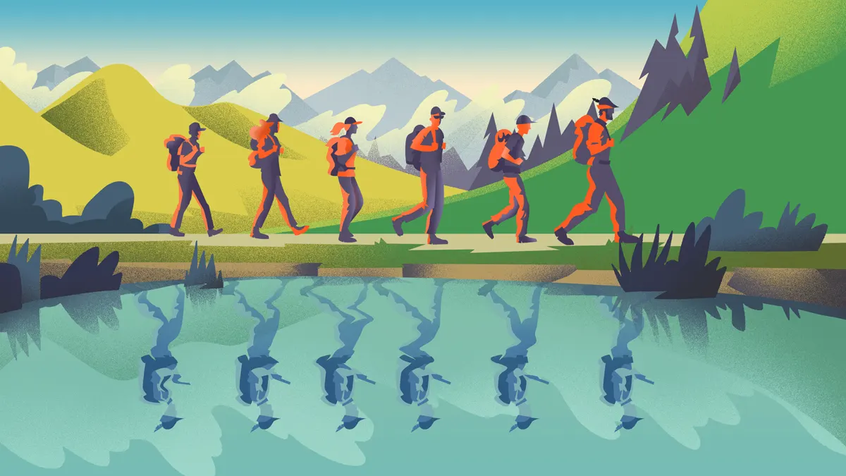 frame from a short animation movie depicting trekking in a mountain landscape with lake reflecting soldiers in the water; illustration by fabio rodaro