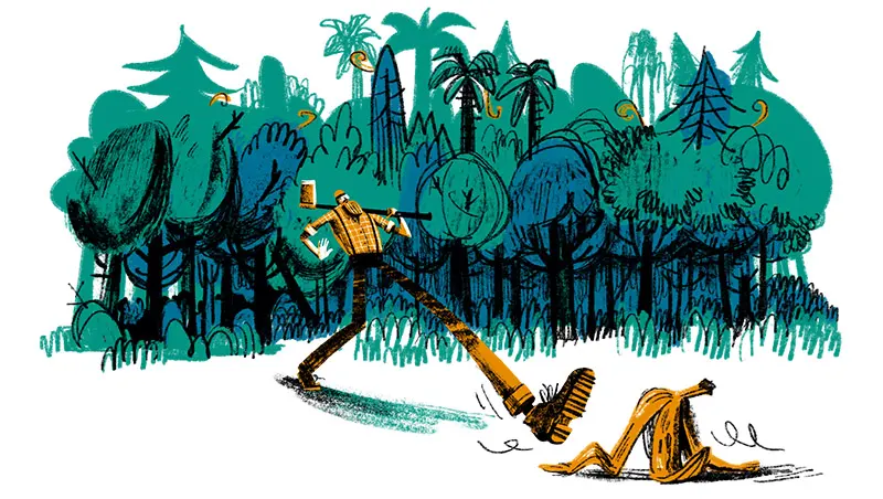 woodcutter walking out a dense wood and stepping over a banana - fabio rodaro illustration