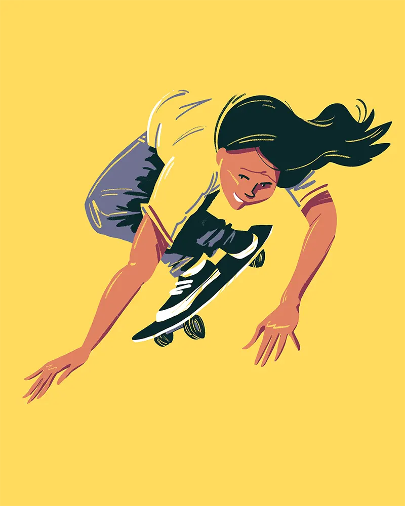 young oki from zephir skate team showing real girl power illustration by fabio rodaro