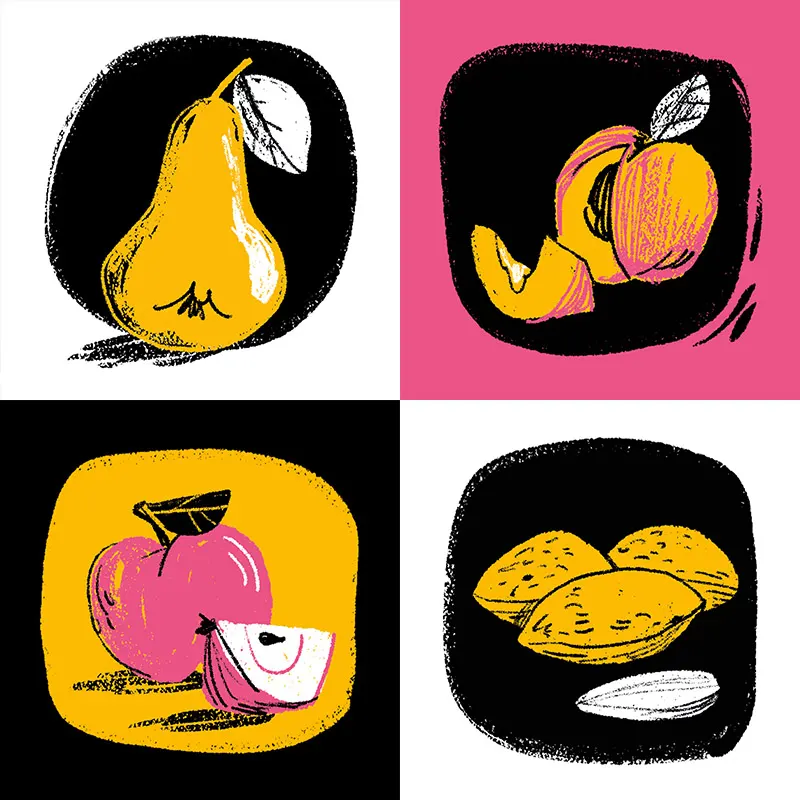 pear peach apple almonds yellow magenta black - fabio rodaro illustration