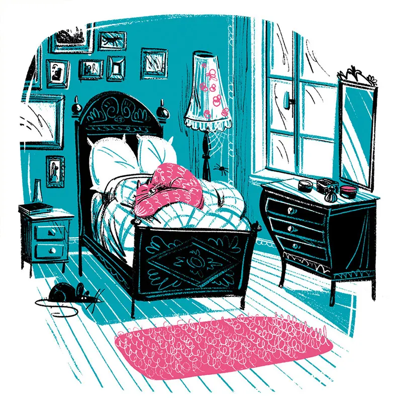 black mouse crawling in a vintage style bedroom while a cat in sleeping on the plaid - fabio rodaro illustration