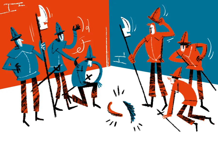 blue and red medieval soldiers chatting - fabio rodaro illustration