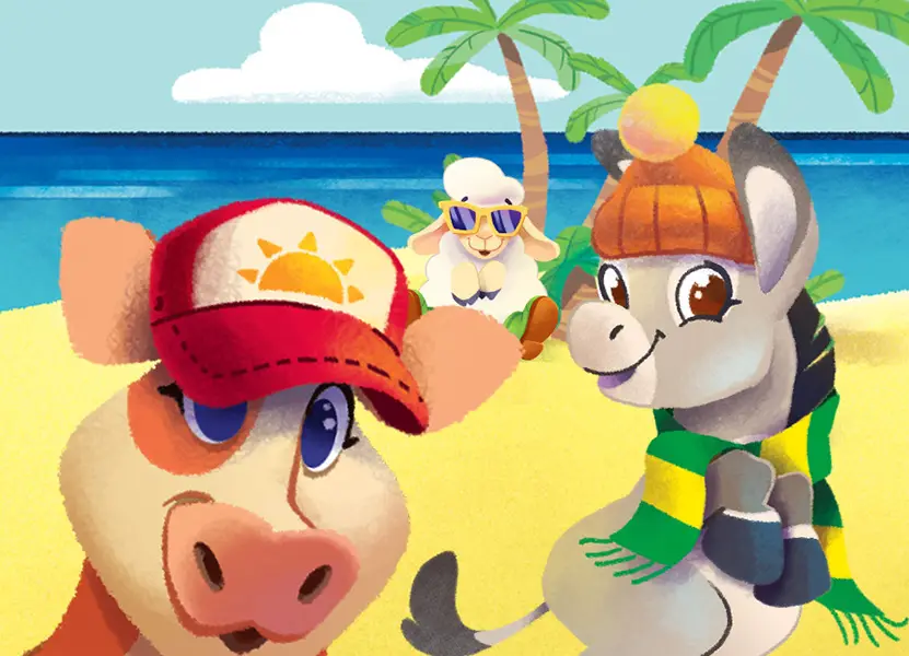 illustration depicting a cow a donkey and a lamb with clothes on a tropical beach