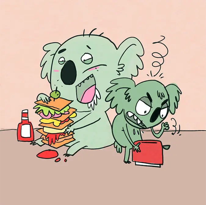 funny koalas having a sandwich and fighting with a toaster illustration by fabio rodaro
