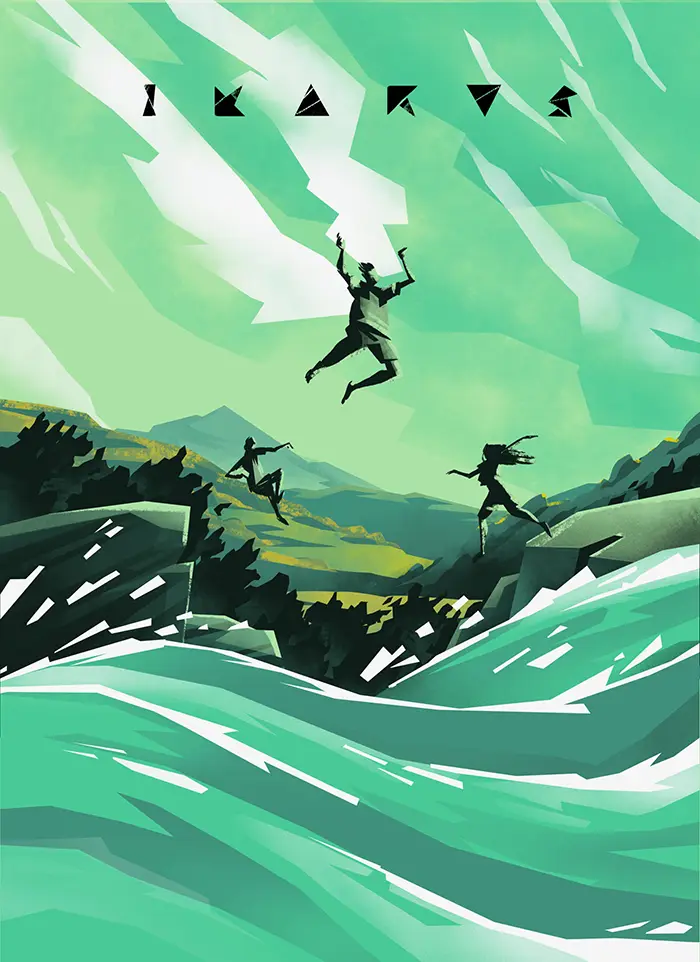fabio rodaro low poly poster with guys cliff diving in a turquoise river