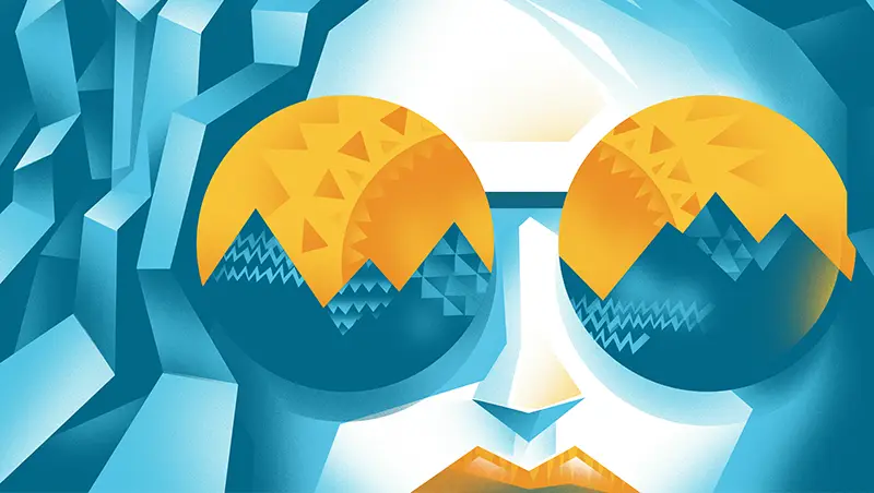 geometrical illustration of a long hair girl wearing sunglasses reflecting a mountain sunset by fabio rodaro