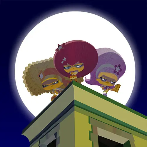 three big head girls in hero pose on a moonlight rooftop cartoon style illustration