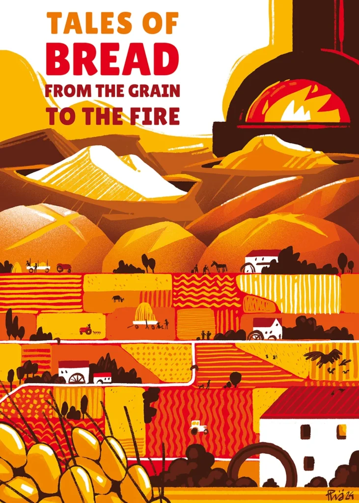 illustration of bread-making process from grain to oven, warm colors, layered perspectives, country life narrative.