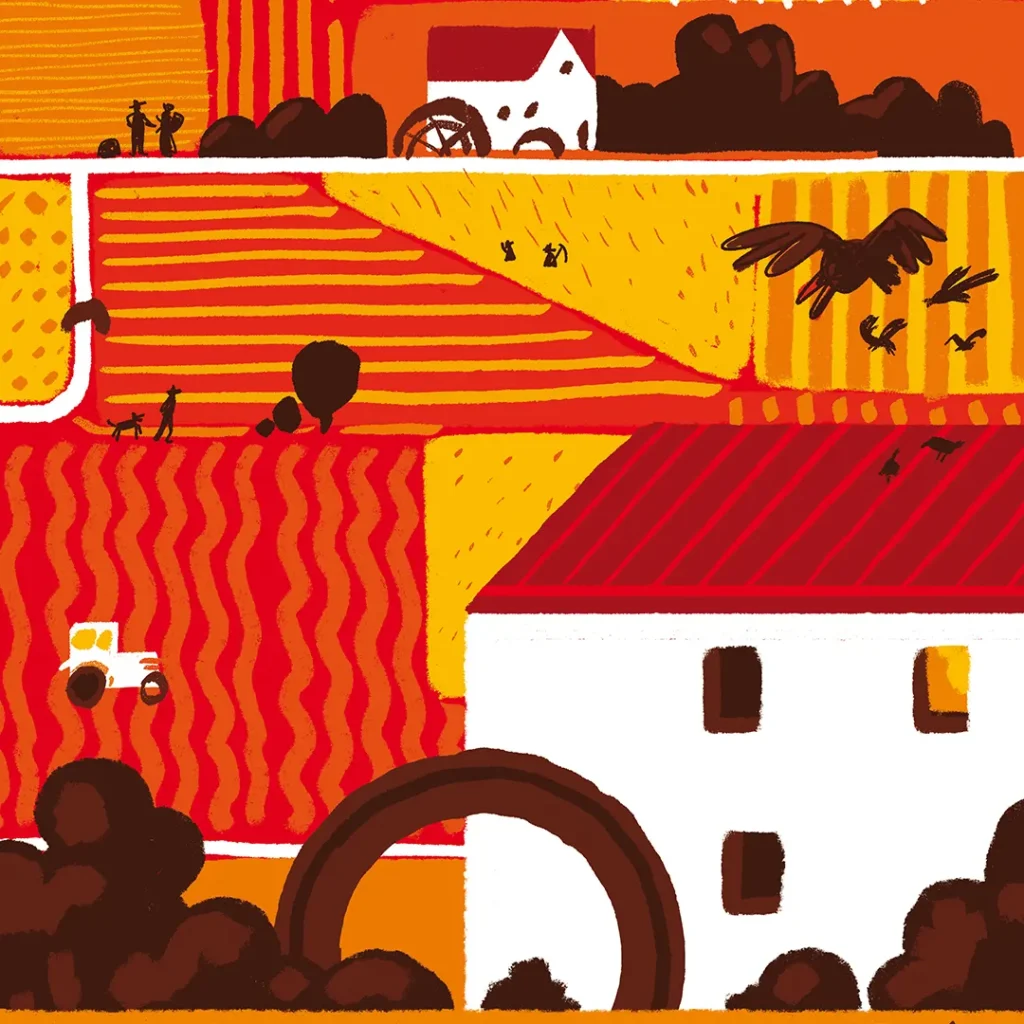 farming life illustration, with corn field, mills and crows