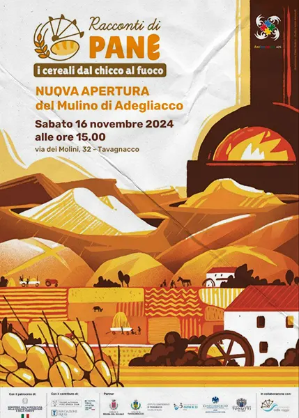 printed poster of bread-making process from grain to oven, warm colors, layered perspectives, country life narrative.