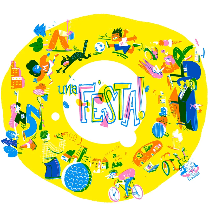 Colorful illustration promoting a neighborhood community party. Shows diverse residents dancing, playing music, skating, and meet each-other around a circular plaza. Includes kids, pets, guitars, yoga, coffee, UFO, and Godzilla motifs in bright overlapping primary colors