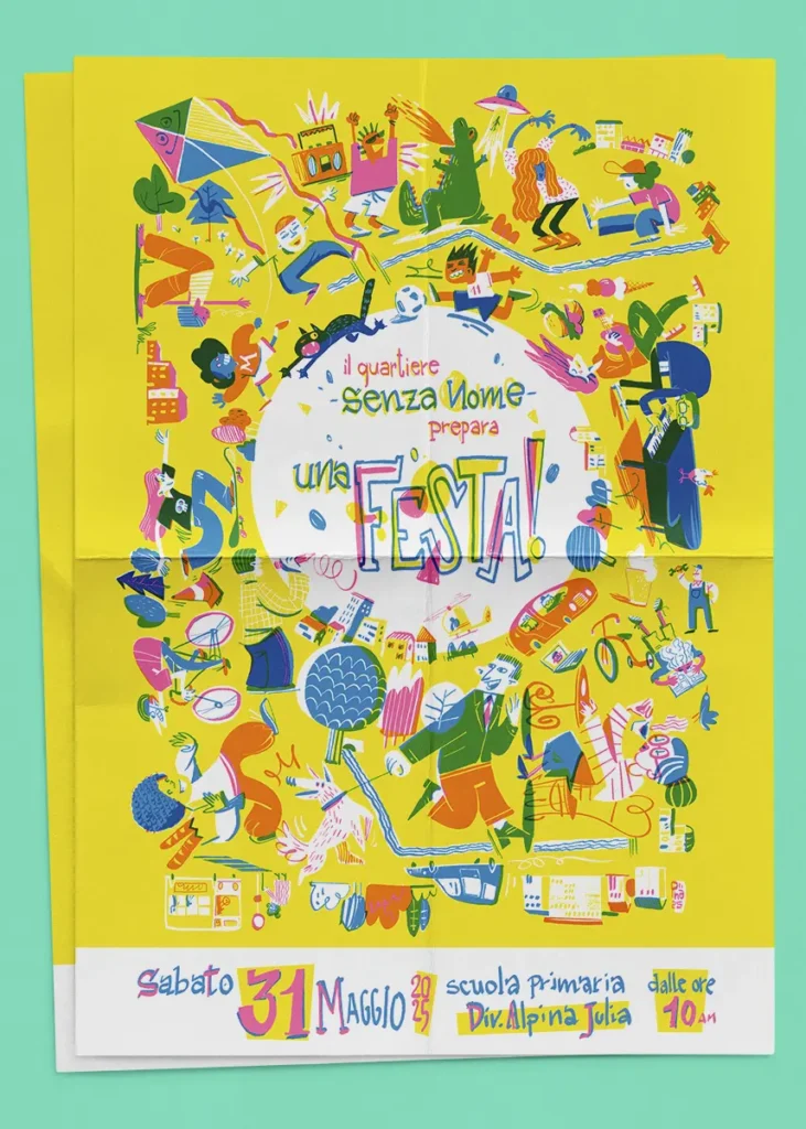 Colorful poster promoting a neighborhood community party. Shows diverse residents dancing, playing music, skating, and meet each-other around a circular plaza. Includes kids, pets, guitars, yoga, coffee, UFO, and Godzilla motifs in bright overlapping primary colors