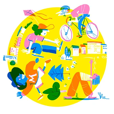 Circular illustration promoting a neighborhood community party. Shows diverse residents dancing, playing, cycling, practicing yoga in a circular plaza. Bright overlapping primary colors