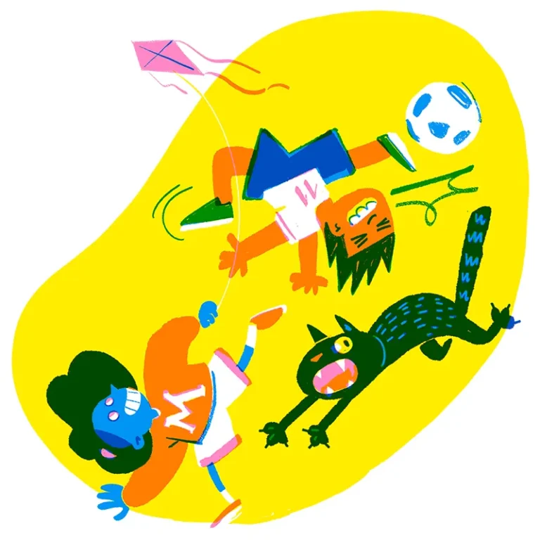Colorfull illustration in bright overlapping primary colors. Two kids playing and a black cat running.