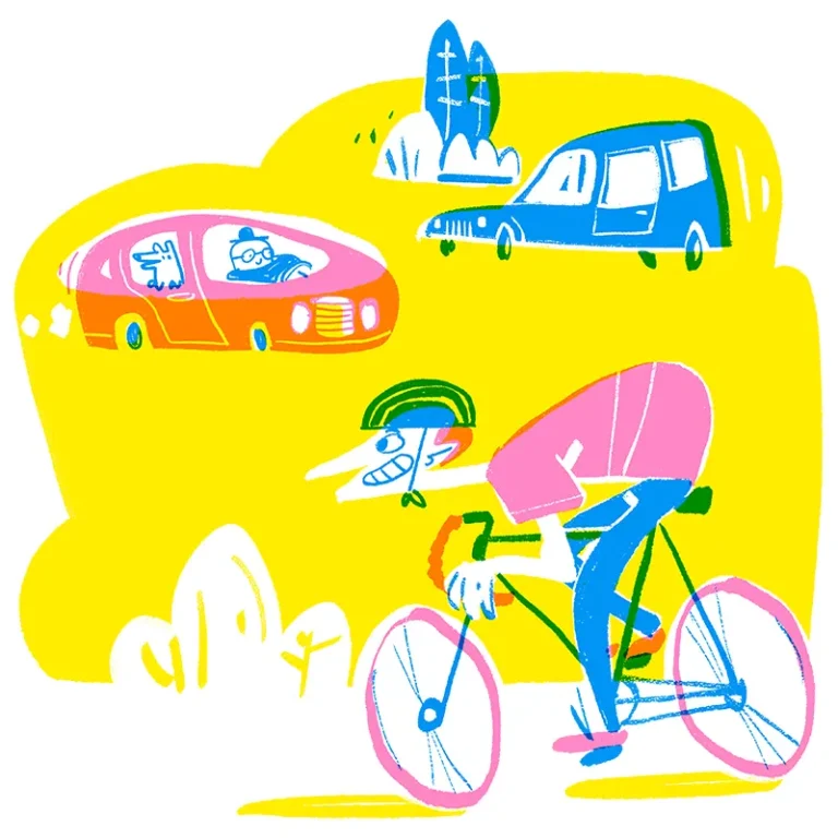 Colorfull illustration in bright overlapping primary colors. A guy riding his bicycle and two cars in the background