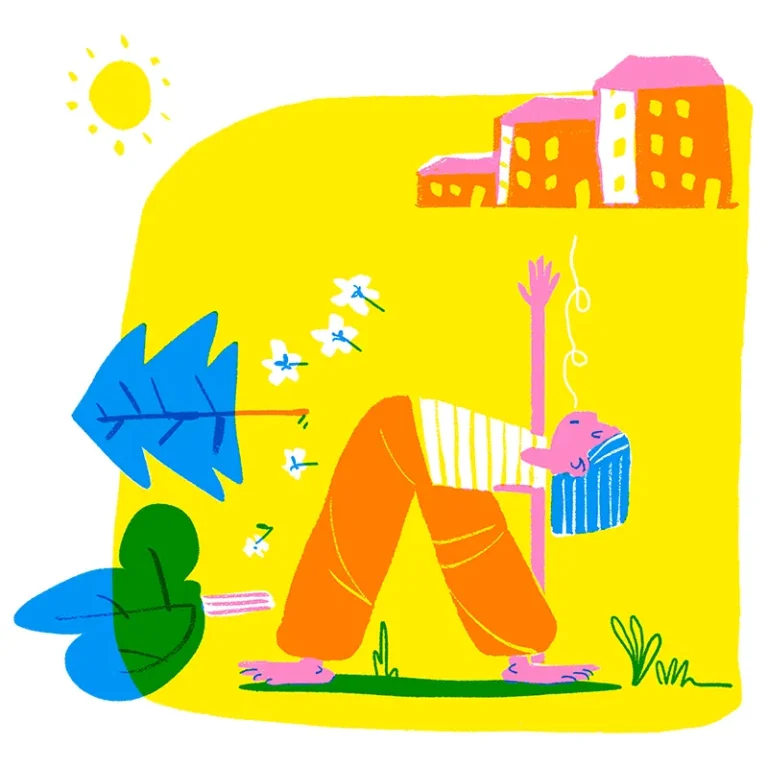 Colorfull illustration in bright overlapping primary colors. A girl practicing yoga in a city park