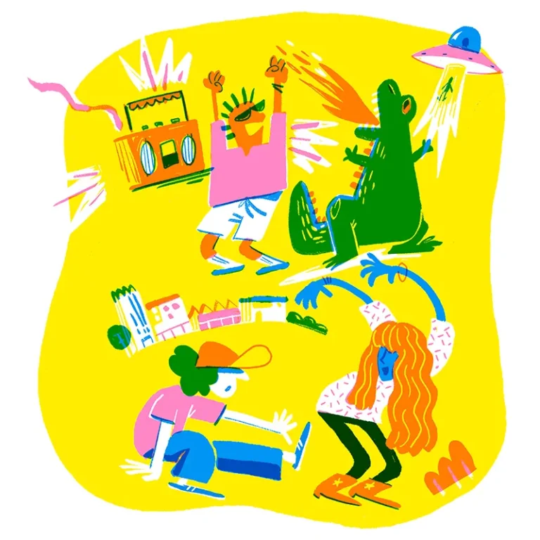 Colorfull illustration in bright overlapping primary colors. Three guys wild dancing with godzilla and a ufo