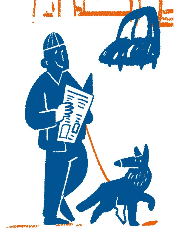 Navy blue llustration of a man reading a newspaper while walking his dog