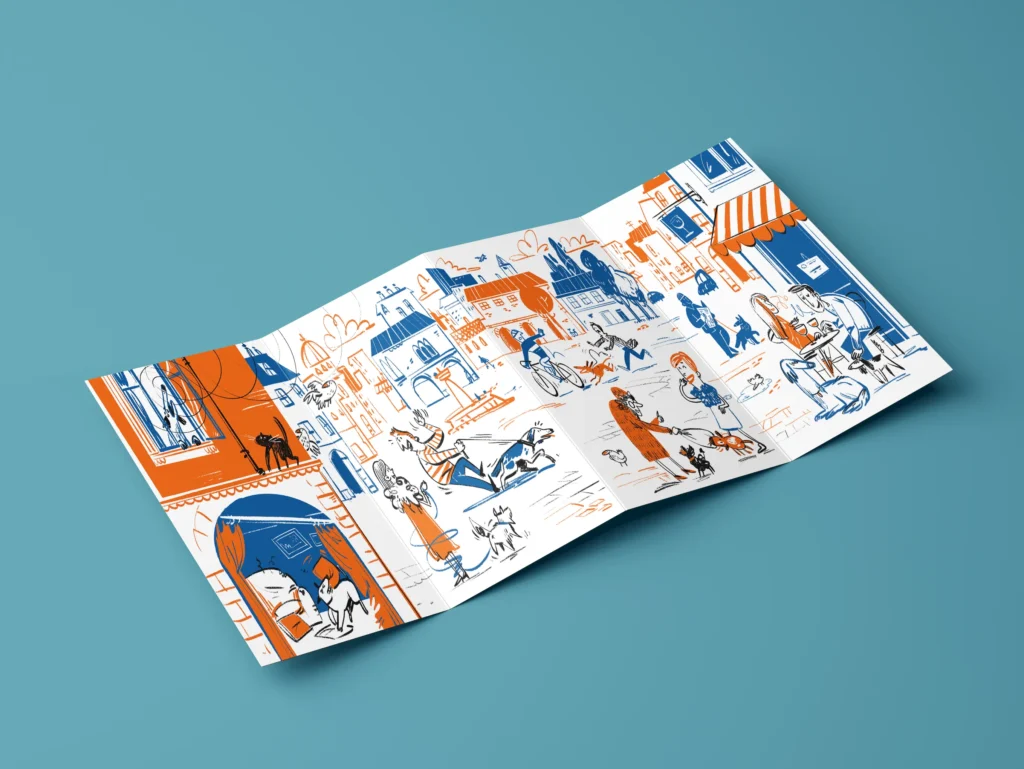 A printed, four-fold brochure featuring a continuous illustration of a lively town square.