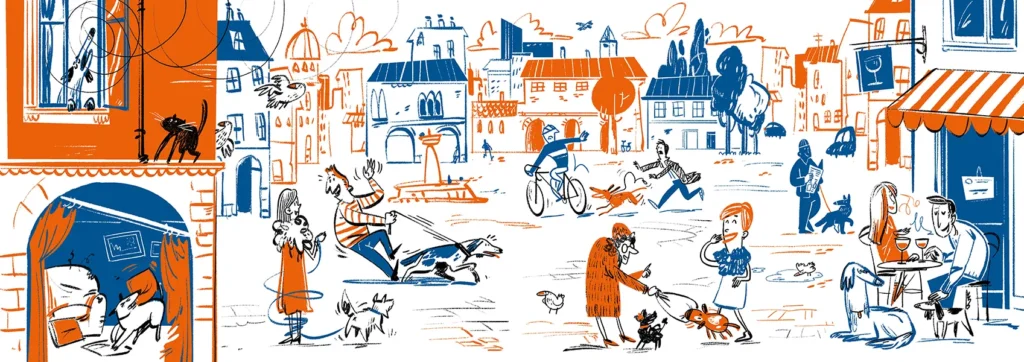 Illustration of a village filled with humorous scenes of misbehaving pets, created with a simple, impactful color palette