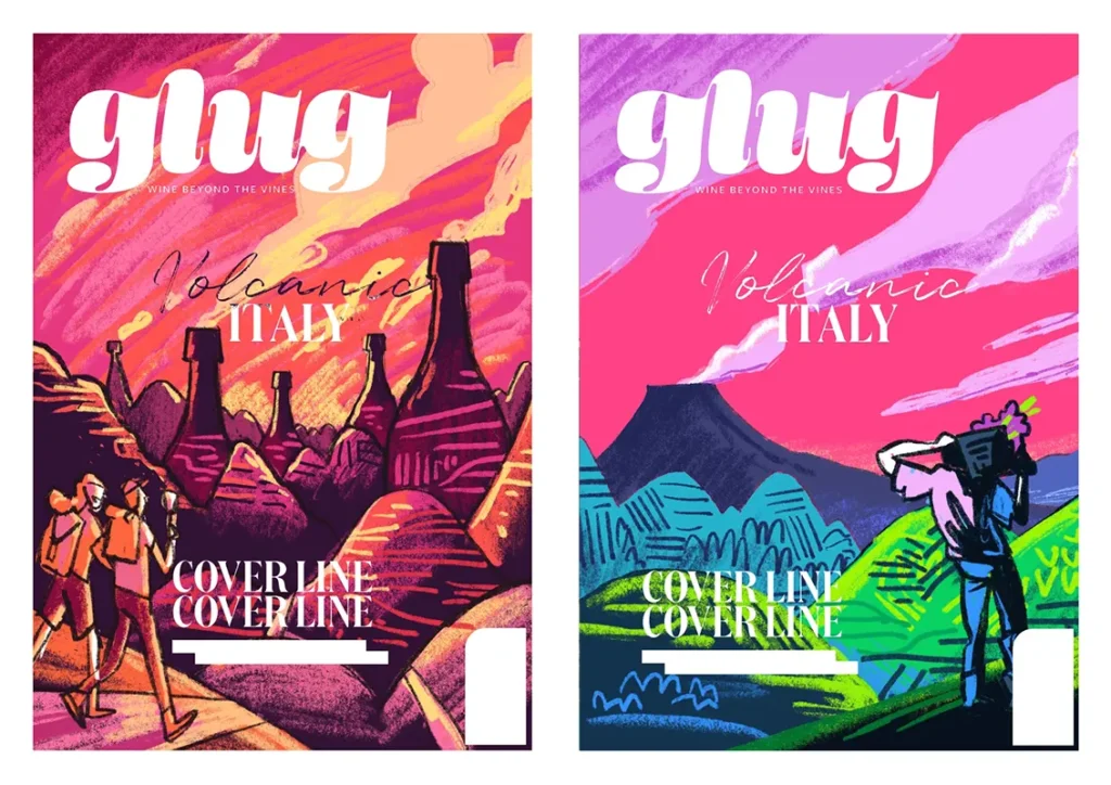 two different drafts for a magazine cover illustration. The artist explores different strong colour palettes and studies the composition, keeping the focus on a vulcanic landscape.