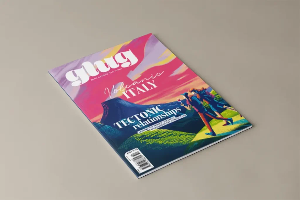 An editorial illustration depicting a volcanic vineyard landscape at sunset. Artwork created for Glug Magazine's front cover.