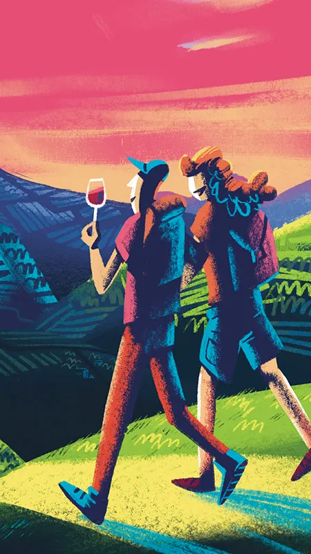 Editorial illustration depicting a couple enjoying a hike in a vineyard landscape at sunset. The contrast between warm and cool colours creates a dremy atmospher. Created for Glug Magazine.