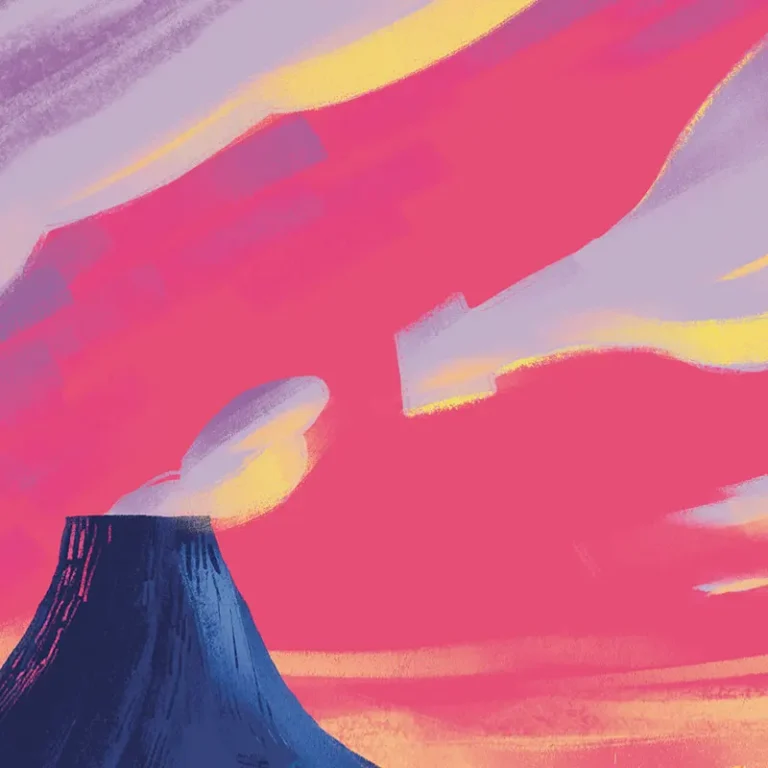 Editorial illustration depicting a volcano and a bottle shaped cloud in the sunset. The powerfull palette creates a dremy atmospher. Created for Glug Magazine.