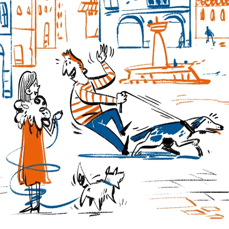 In a avillage square, two friend meets while walking their dogs. Illustration in blue and orange with rough brushes.