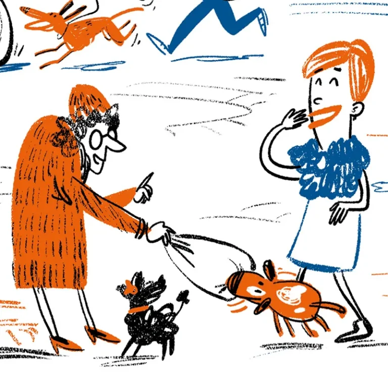 A granny with a shopper being bit by a puppy while another lady laughs. Illustration in blue and orange with rough brushes.