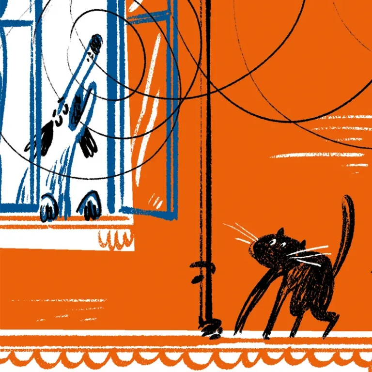 A lone dog barks at a window while a scared black cat stops by. Illustration in blue and orange with rough brushes.